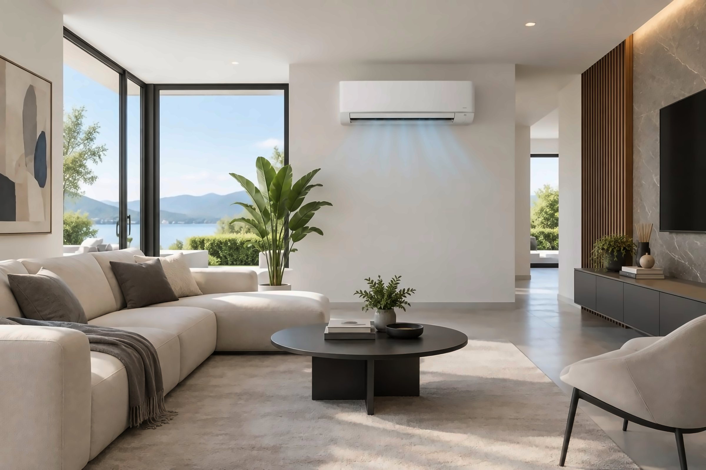 Salotto moderno con climatizzatore a parete